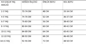 kız çocuk beden ölçüleri